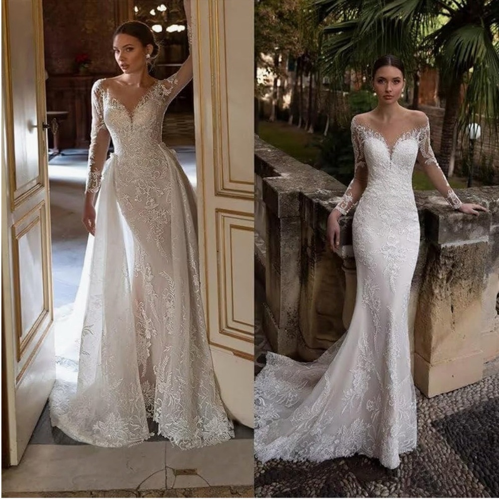 Elegant Lace Illusion Sleeve Wedding Dress with Detachable Train